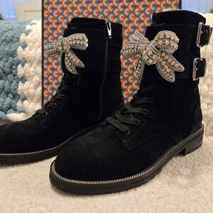 Elegant Black Suede Boots with Crystal Bow